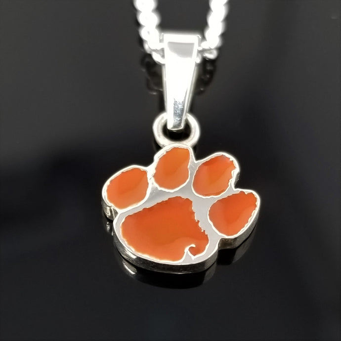 Clemson Tiger Paw Sterling Silver Enamel Pendant Necklace